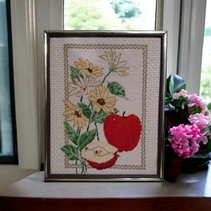 Framed MCM Black Eyed Susan & Apples Completed Needlepoint Canvas Design